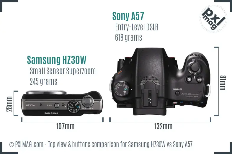 Samsung HZ30W vs Sony A57 top view buttons comparison