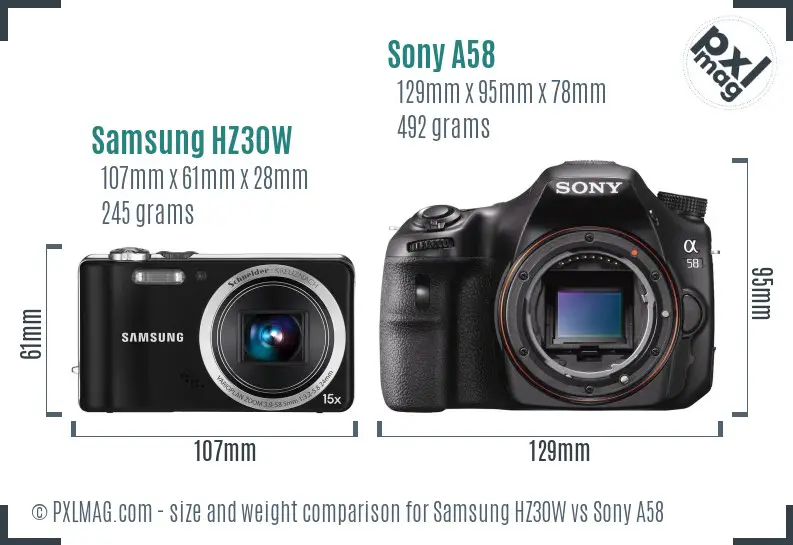 Samsung HZ30W vs Sony A58 size comparison