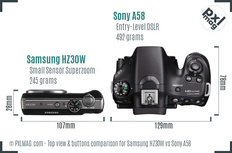 Samsung HZ30W vs Sony A58 top view buttons comparison