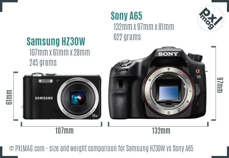 Samsung HZ30W vs Sony A65 size comparison
