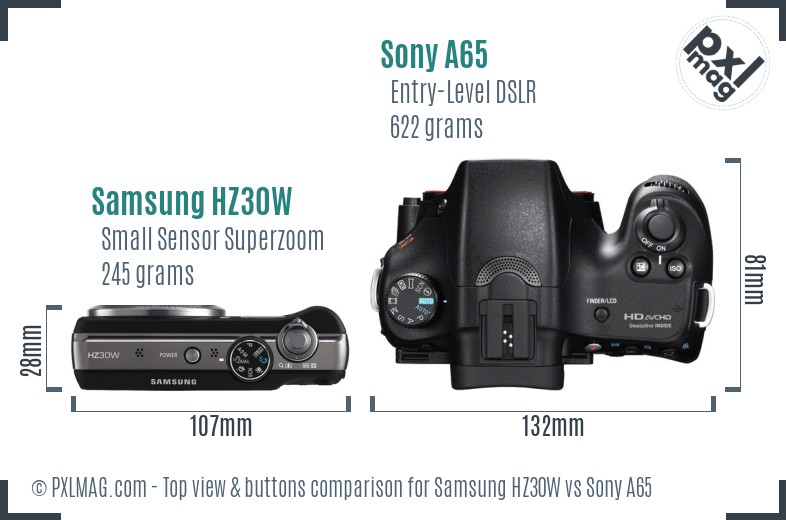 Samsung HZ30W vs Sony A65 top view buttons comparison