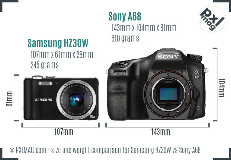Samsung HZ30W vs Sony A68 size comparison