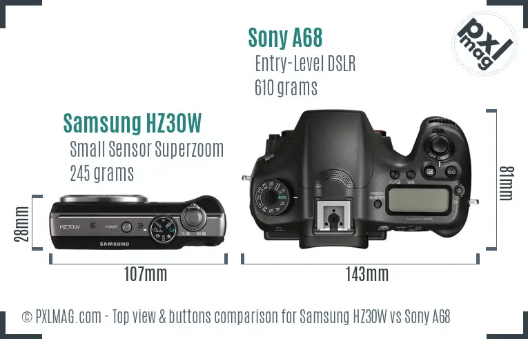 Samsung HZ30W vs Sony A68 top view buttons comparison