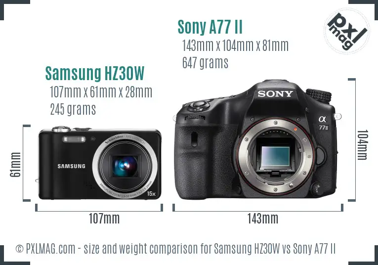 Samsung HZ30W vs Sony A77 II size comparison