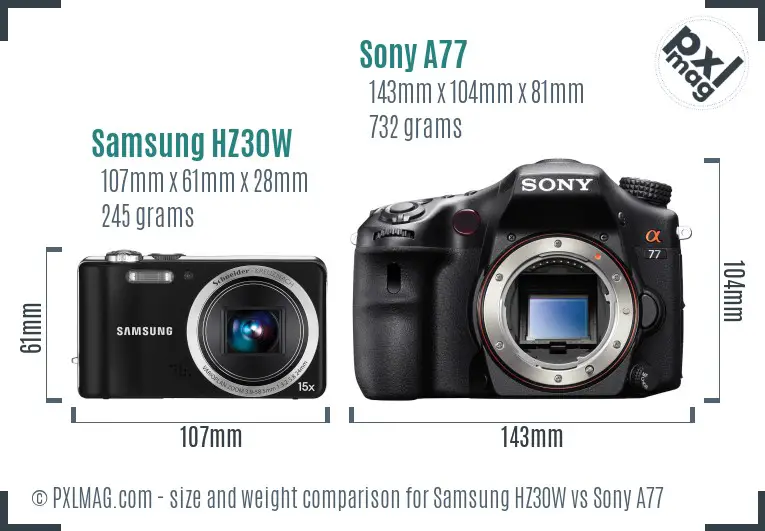Samsung HZ30W vs Sony A77 size comparison