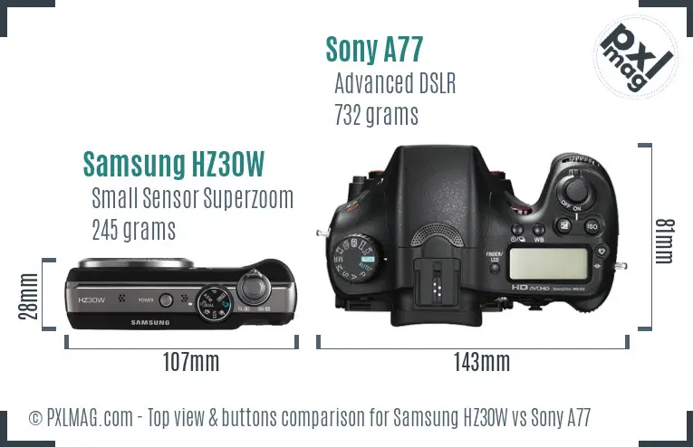 Samsung HZ30W vs Sony A77 top view buttons comparison