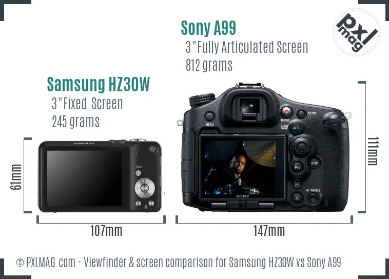 Samsung HZ30W vs Sony A99 Screen and Viewfinder comparison