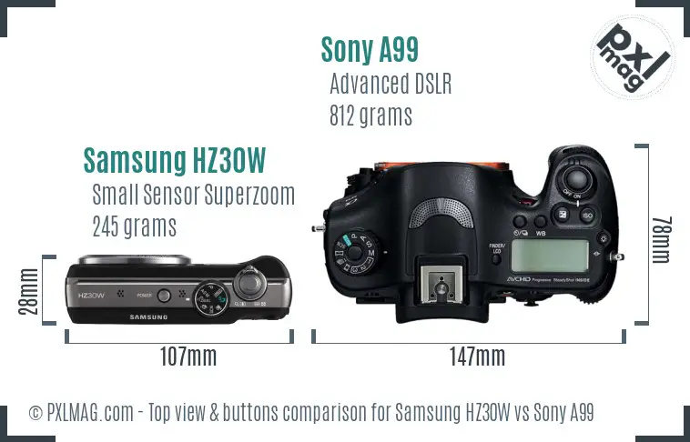 Samsung HZ30W vs Sony A99 top view buttons comparison