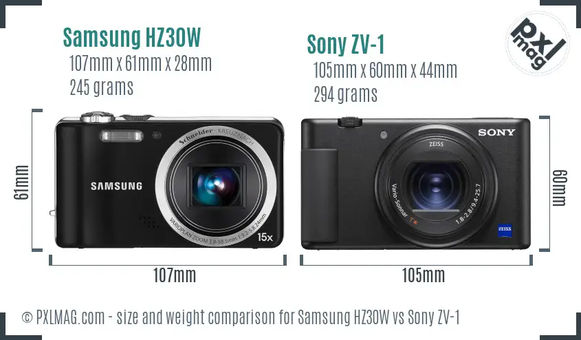 Samsung HZ30W vs Sony ZV-1 size comparison