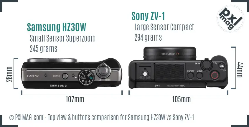 Samsung HZ30W vs Sony ZV-1 top view buttons comparison