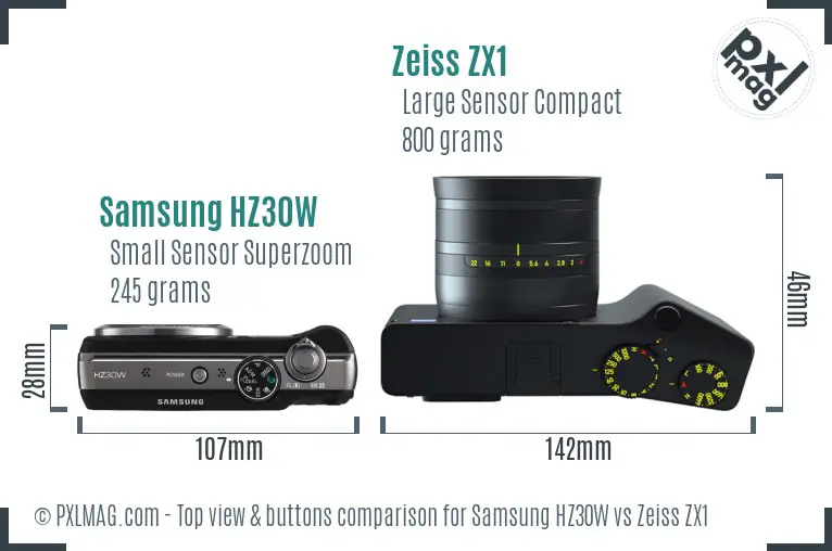 Samsung HZ30W vs Zeiss ZX1 top view buttons comparison