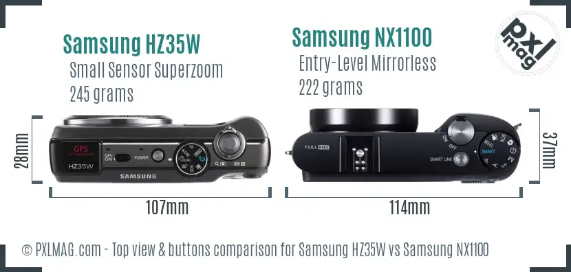 Samsung HZ35W vs Samsung NX1100 top view buttons comparison