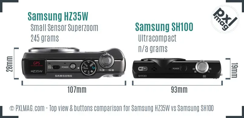 Samsung HZ35W vs Samsung SH100 top view buttons comparison