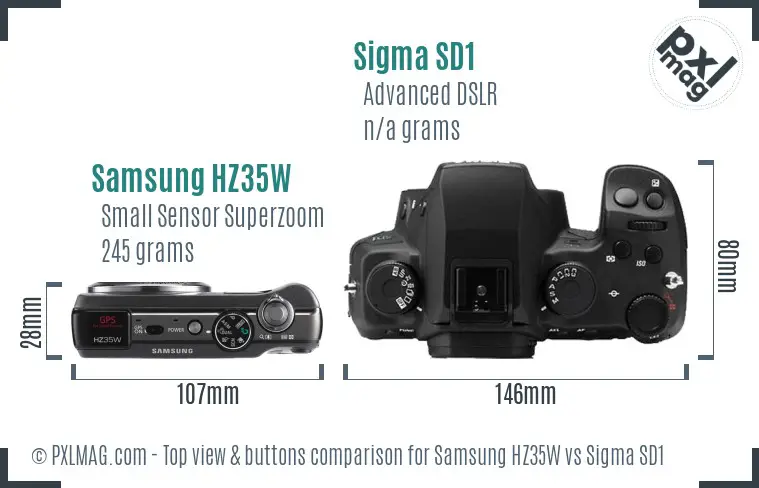 Samsung HZ35W vs Sigma SD1 top view buttons comparison Samsung HZ35W vs Sigma SD1 top view buttons comparison