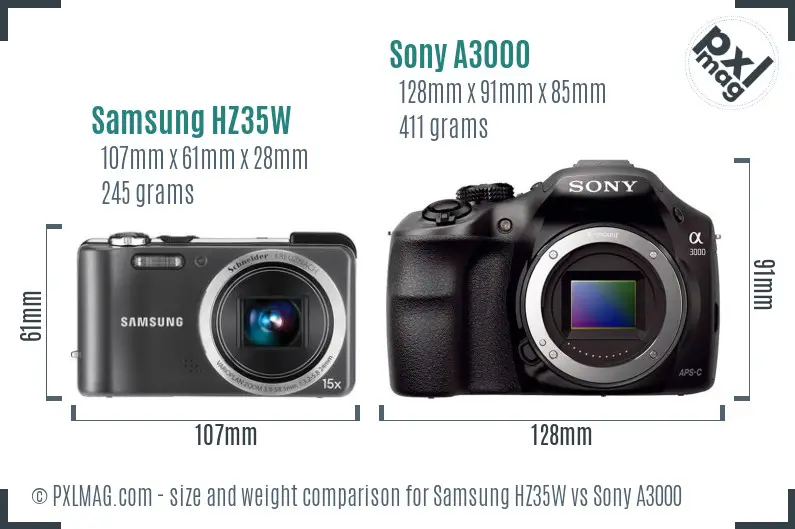 Samsung HZ35W vs Sony A3000 size comparison