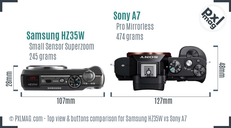 Samsung HZ35W vs Sony A7 top view buttons comparison