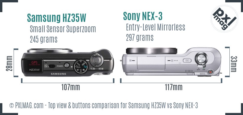 Samsung HZ35W vs Sony NEX-3 top view buttons comparison