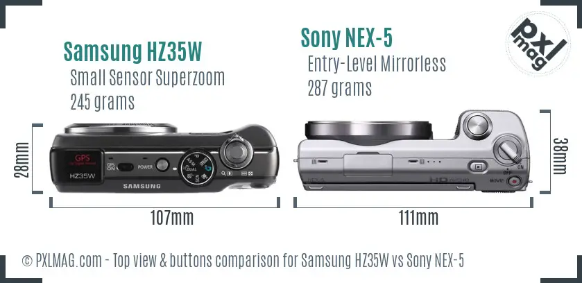 Samsung HZ35W vs Sony NEX-5 top view buttons comparison