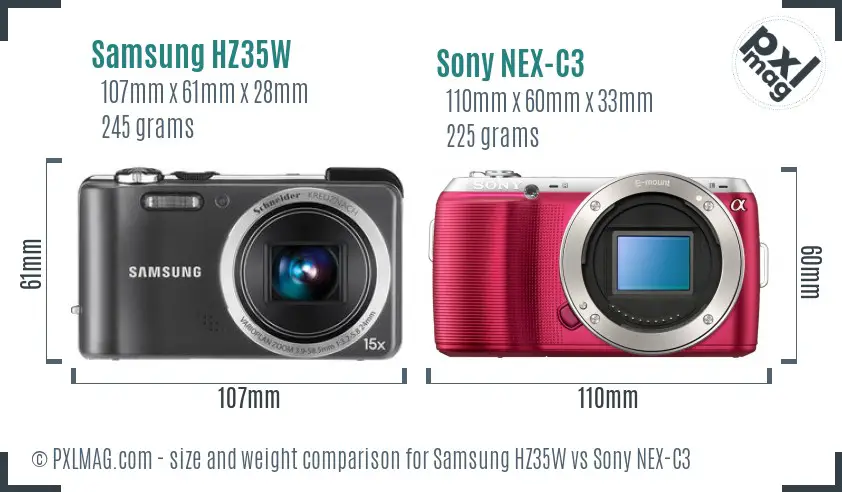 Samsung HZ35W vs Sony NEX-C3 size comparison