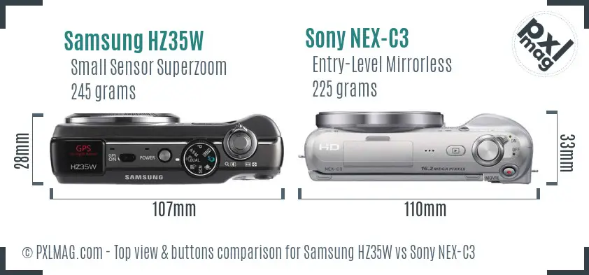 Samsung HZ35W vs Sony NEX-C3 top view buttons comparison