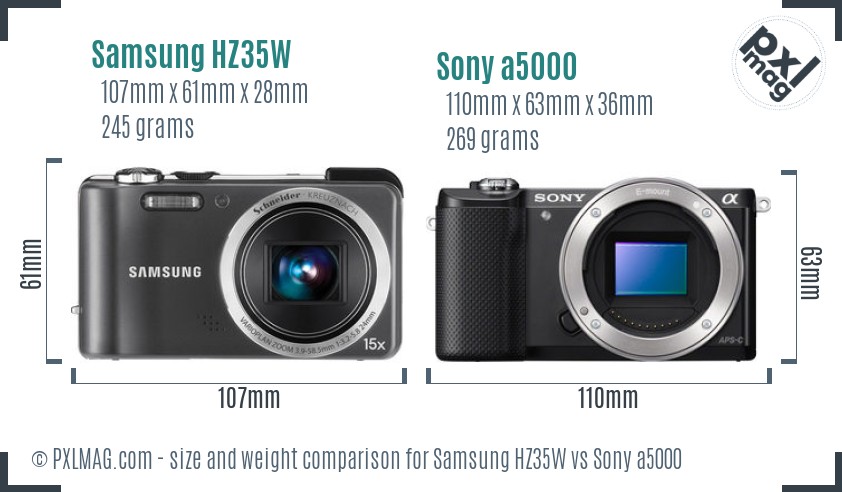 Samsung HZ35W vs Sony a5000 size comparison