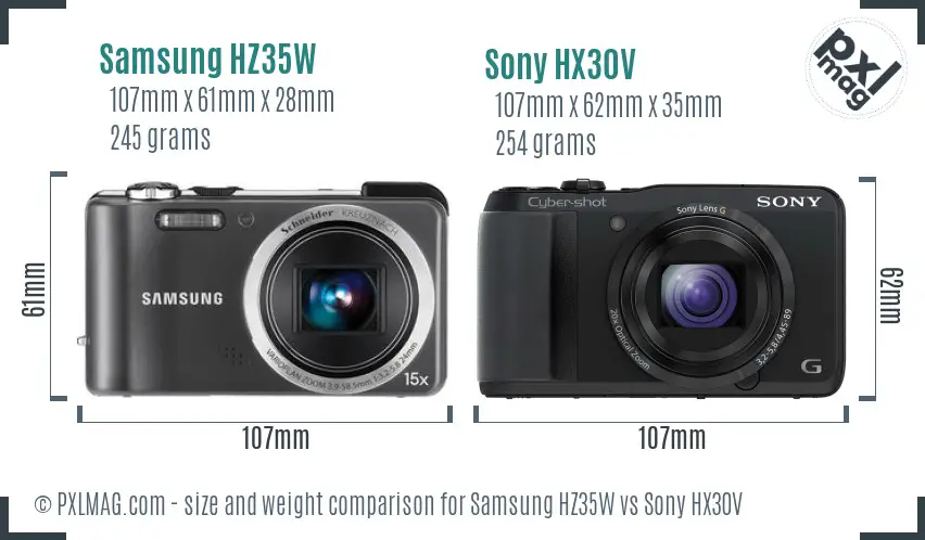 Samsung HZ35W vs Sony HX30V size comparison