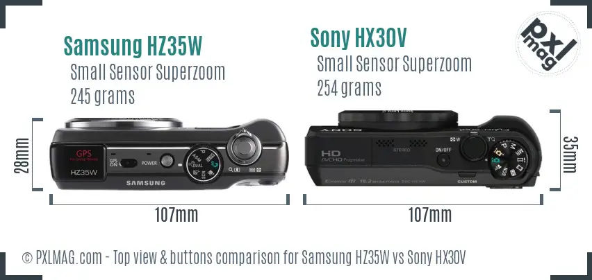 Samsung HZ35W vs Sony HX30V top view buttons comparison