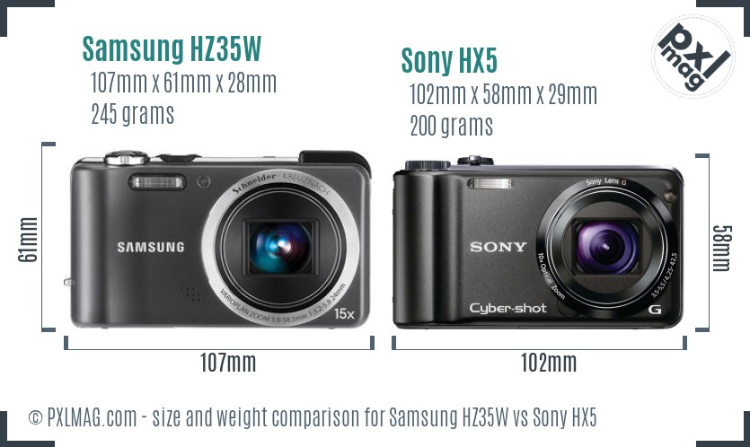 Samsung HZ35W vs Sony HX5 size comparison