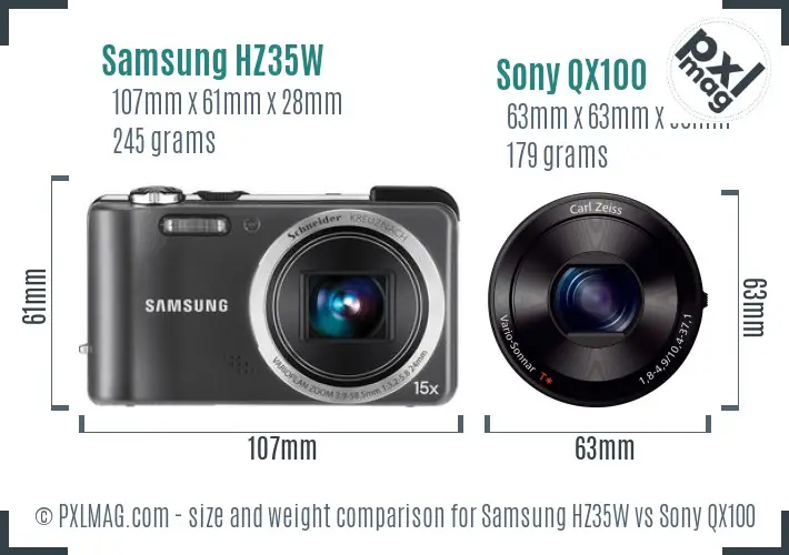 Samsung HZ35W vs Sony QX100 size comparison