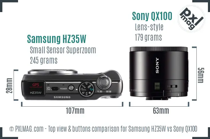 Samsung HZ35W vs Sony QX100 top view buttons comparison