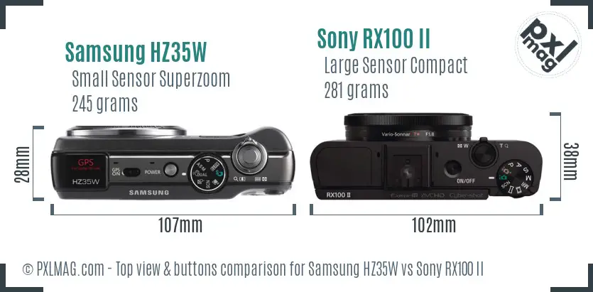 Samsung HZ35W vs Sony RX100 II top view buttons comparison