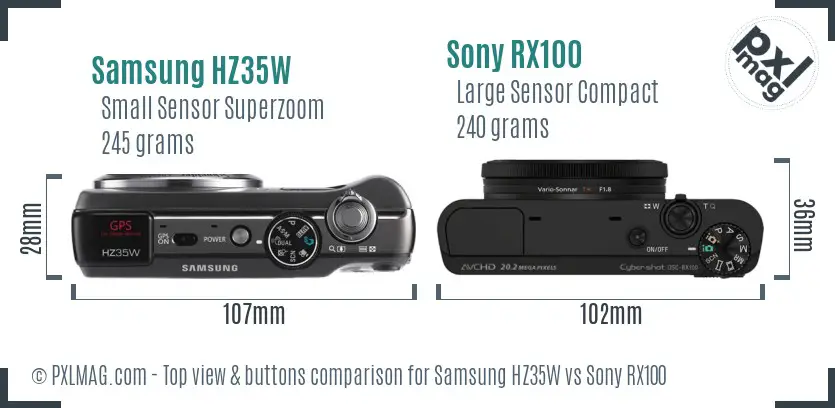 Samsung HZ35W vs Sony RX100 top view buttons comparison