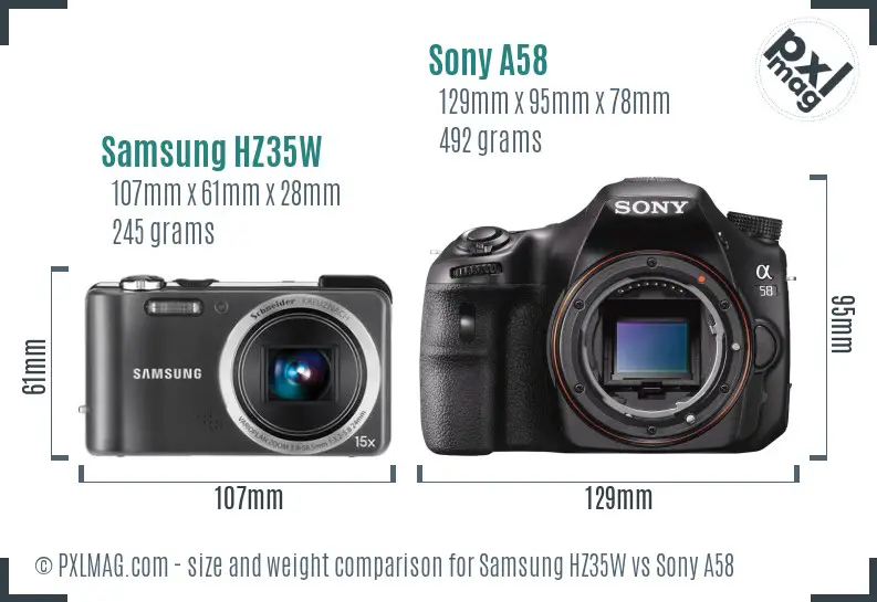 Samsung HZ35W vs Sony A58 size comparison