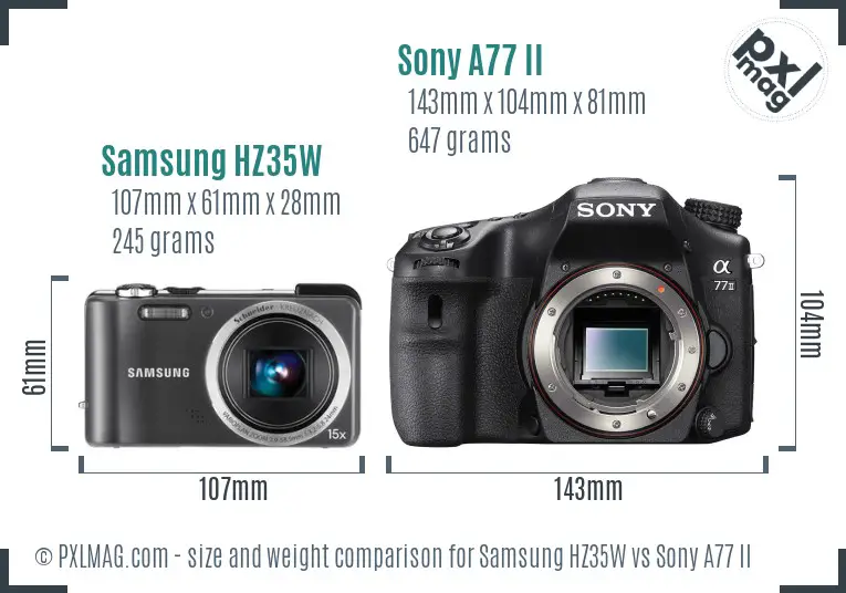 Samsung HZ35W vs Sony A77 II size comparison