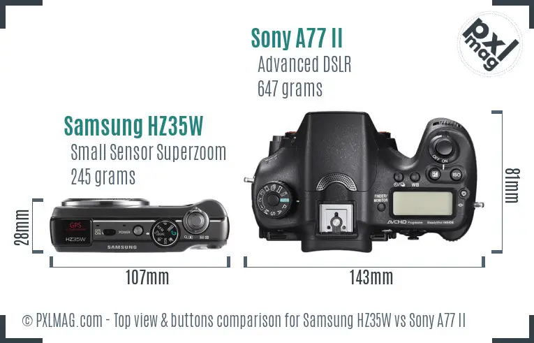 Samsung HZ35W vs Sony A77 II top view buttons comparison
