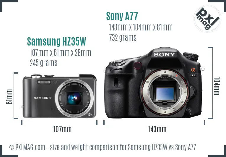 Samsung HZ35W vs Sony A77 size comparison