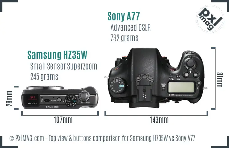 Samsung HZ35W vs Sony A77 top view buttons comparison