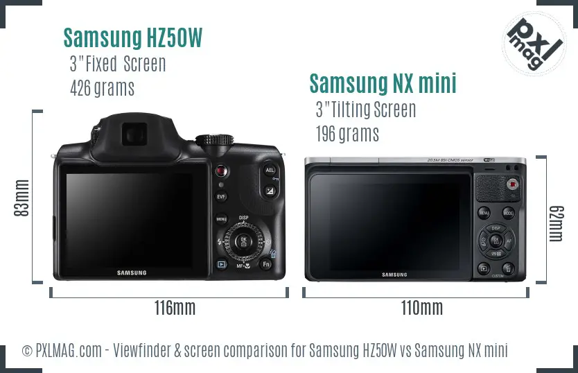 Samsung HZ50W vs Samsung NX mini Screen and Viewfinder comparison