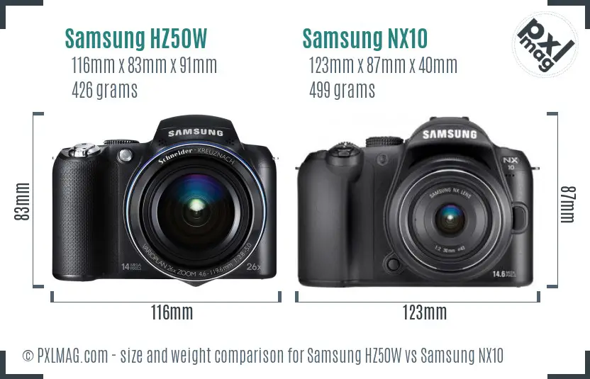 Samsung HZ50W vs Samsung NX10 size comparison