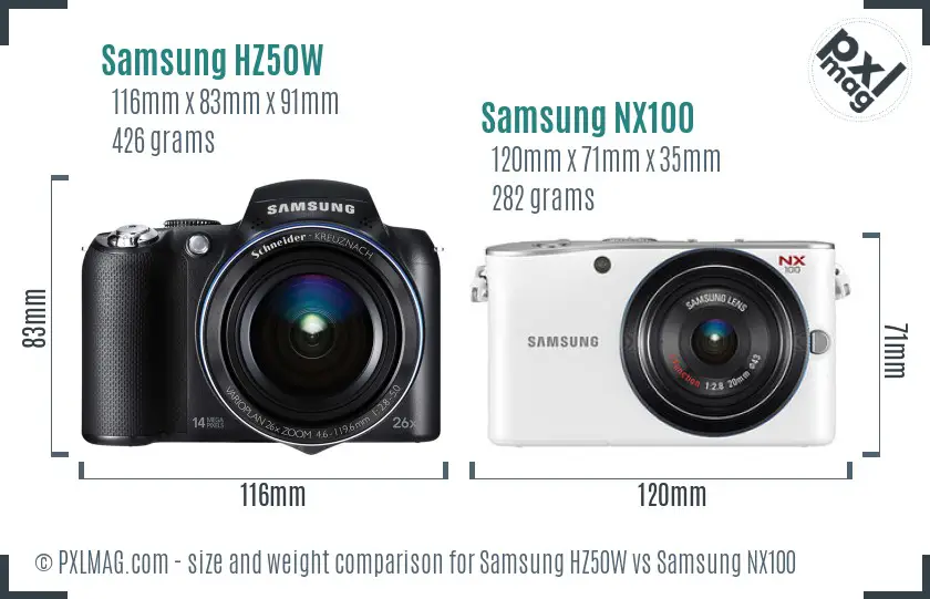 Samsung HZ50W vs Samsung NX100 size comparison