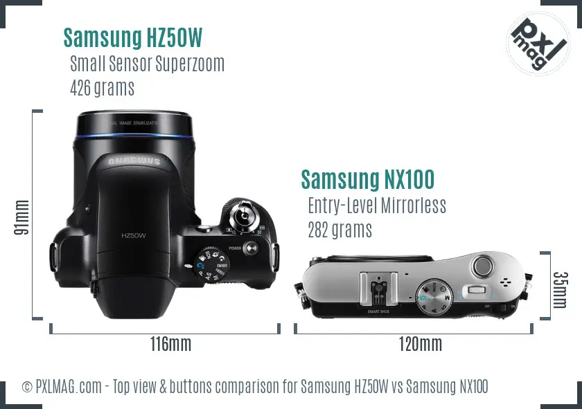 Samsung HZ50W vs Samsung NX100 top view buttons comparison