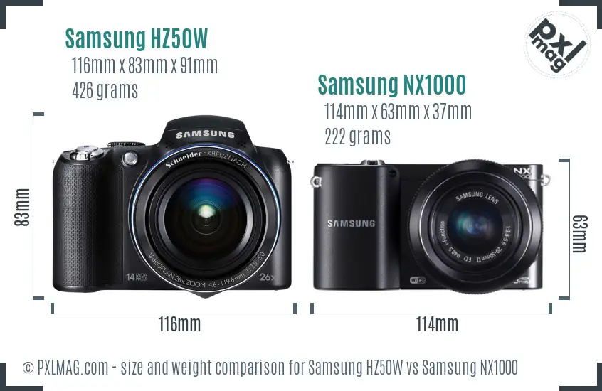 Samsung HZ50W vs Samsung NX1000 size comparison