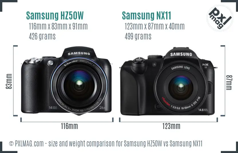 Samsung HZ50W vs Samsung NX11 size comparison