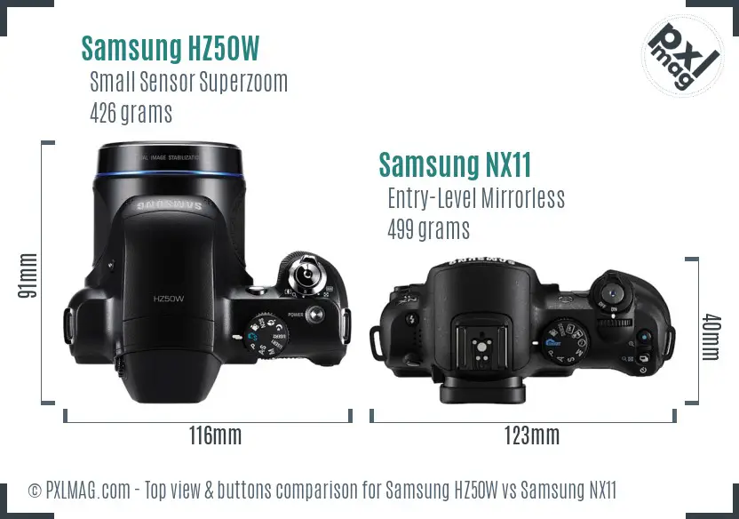 Samsung HZ50W vs Samsung NX11 top view buttons comparison