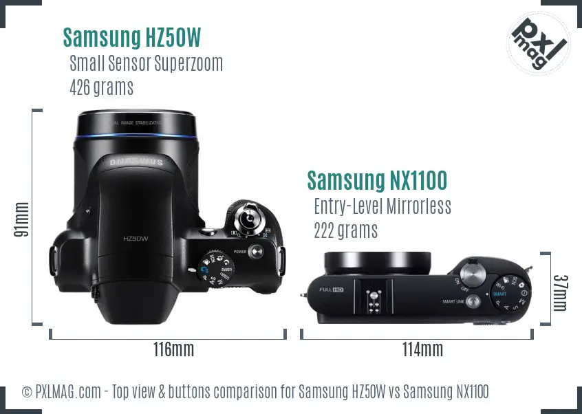 Samsung HZ50W vs Samsung NX1100 top view buttons comparison