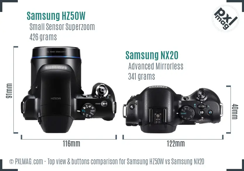 Samsung HZ50W vs Samsung NX20 top view buttons comparison