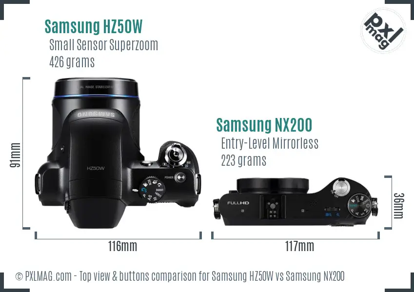 Samsung HZ50W vs Samsung NX200 top view buttons comparison