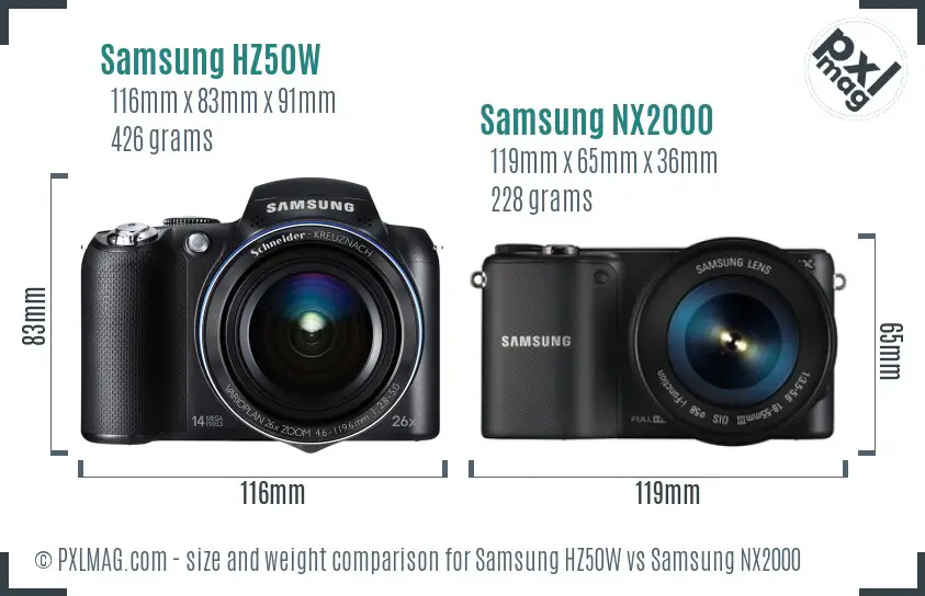 Samsung HZ50W vs Samsung NX2000 size comparison