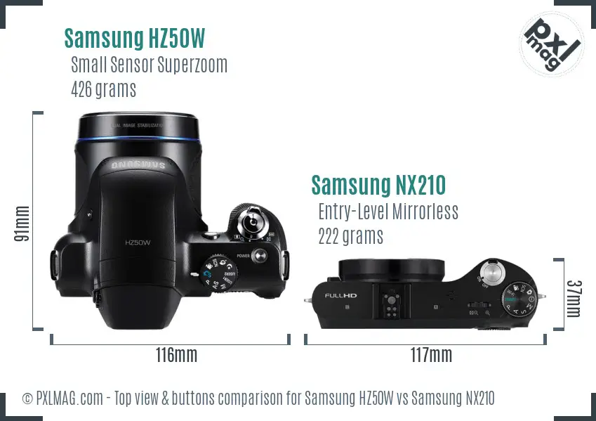Samsung HZ50W vs Samsung NX210 top view buttons comparison