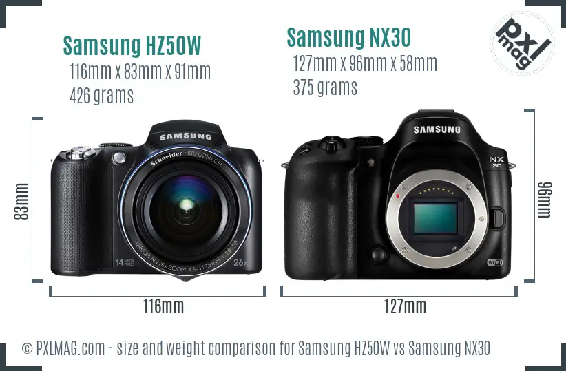 Samsung HZ50W vs Samsung NX30 size comparison